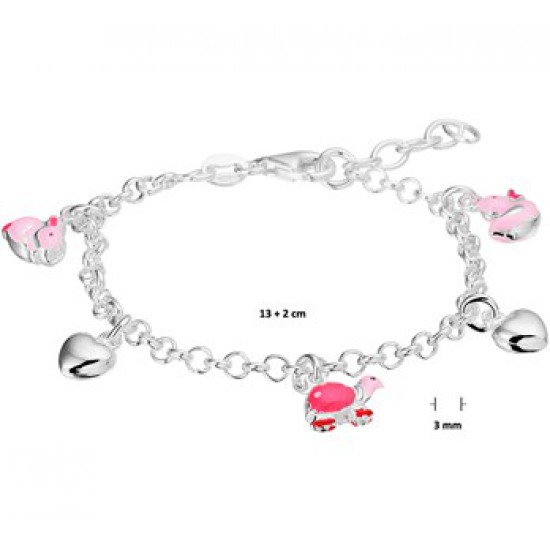 Kinder sieraden - Zilveren armband met en diverse dierenbedels van roze emaille. De armband is onderdeel van een set. De van de armband bedraagt 13cm met 2cm extensie. De schakelbreedte