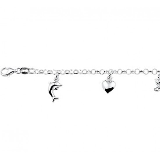Zilveren armband dofijn, hart, beer, vlinder bedels 15 cm - 40102