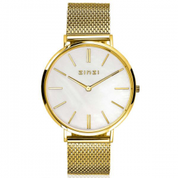 ZINZI Retro horloge witte parelmoer wijzerplaat en geelgoudkleurige stalen kast stalen mesh band geelgoudkleurig 38mm extra dun ZIW448M - 52602