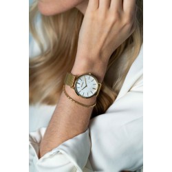 ZINZI Retro horloge witte parelmoer wijzerplaat en geelgoudkleurige stalen kast stalen mesh band geelgoudkleurig 38mm extra dun ZIW448M - 52602