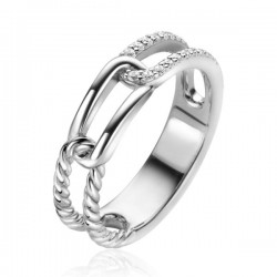 ZINZI zilveren luxe ring 5mm breed met drie paperclip schakels, glad bewerkt witte zirconia's ZIR2330 - 52588
