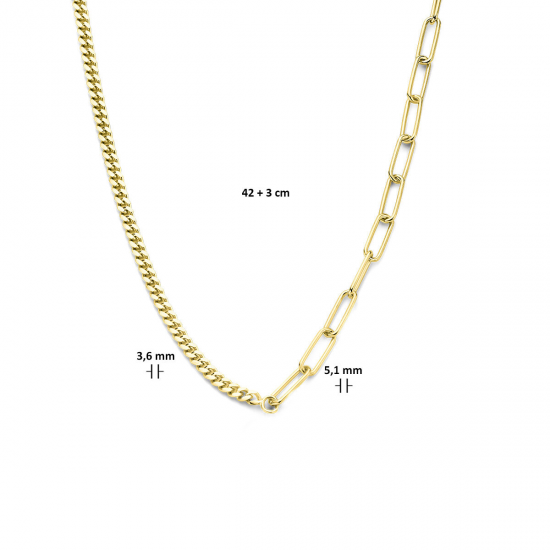 Geelgoud op 925 zilveren collier paperclip schakel 5.1mm en een gourmette schakel 3.6mm 42+3cm. - 49836