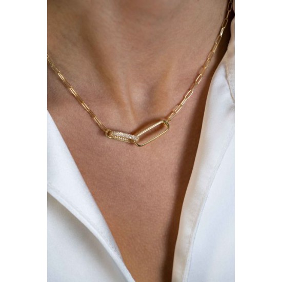 ZINZI gold plated zilveren schakel ketting 45cm met 2 grote ovale schakels, bezet met witte zirconia ZIC2371Y - 51709
