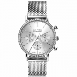 ZINZI horloge CHRONOGRAPH 36mm stopwatch zilverkleurige wijzerplaat, stalen kast met crystals, stalen mesh band 18mm ZIW1602 - 51796