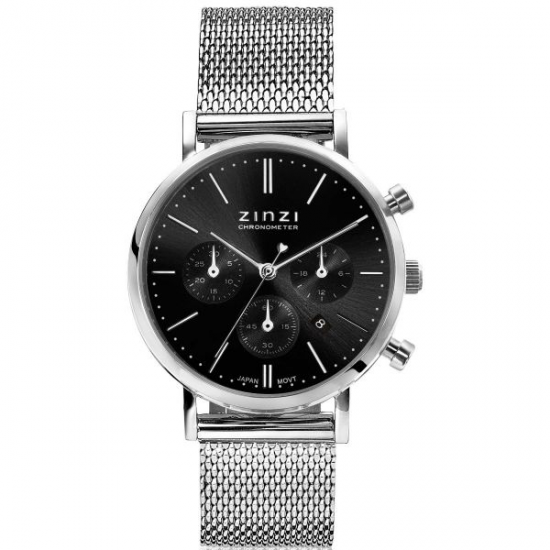ZINZI horloge CHRONOGRAPH 34mm zwarte wijzerplaat met datum en chronometers, stalen kast, stalen mesh band 18mm ZIW1501 - 51798