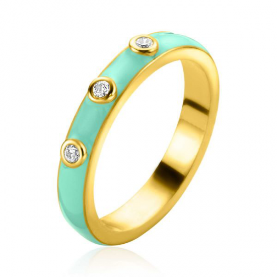 ZINZI gold plated zilveren aanschuifring trendy turquoise emaille en witte zirconia's 3mm ZIR2315T - 52589