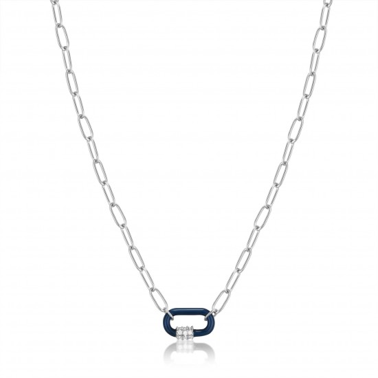 ANIA HAIE Navy Blue Enamel Carabiner Silver Necklace MAAT 45cm - 48190
