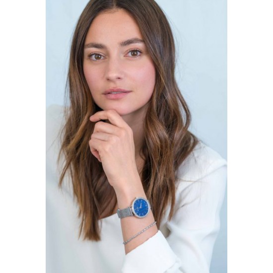 ZINZI horloge GRACE 34mm donkerblauwe parelmoer wijzerplaat, rondom bezet met witte crystals, stalen kast en band ziw1346 - 52605