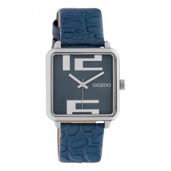 OOZOO Horloge  Silver watch with dark blue leather strap 30mm - 49003