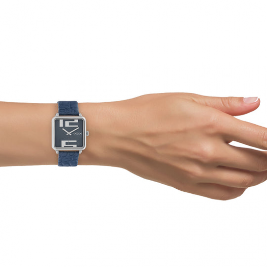 OOZOO Horloge  Silver watch with dark blue leather strap 30mm - 49003