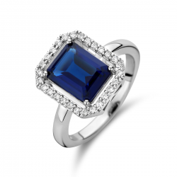 Gerhodineerd 925 zilveren ring uitgevoerd met een synthetische saffier en zirkonia MAAT 17,25 - 49812