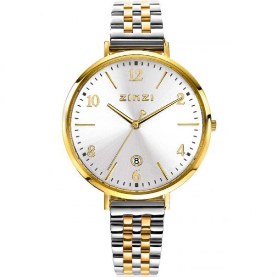 ZINZI horloge SOPHIE zilverkleurige wijzerplaat met datum, goudkleurige kast 38mm, stalen bicolor band 14mm ZIW1433SB - 54556
