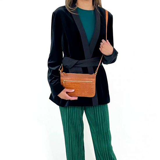 LOULOU Cognac kleurige Crossbody tas met Fijne Croco Inprint 25CROSSBODY159DG - 50539