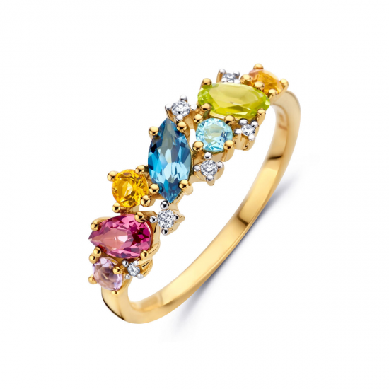 14 KRT Geelgouden ring natuurlijke kleurstenen en diamant 0.04ct h si maat 17.1/4 - 52695