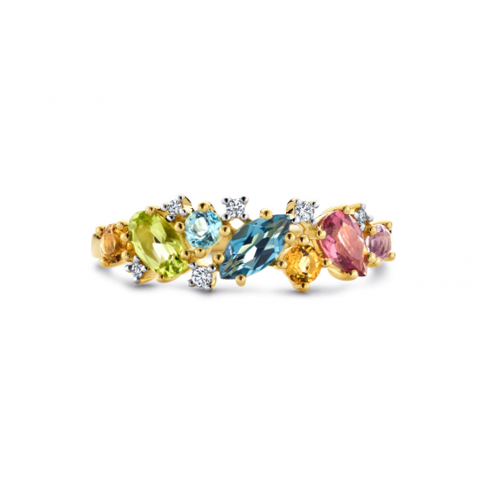 14 KRT Geelgouden ring natuurlijke kleurstenen en diamant 0.04ct h si maat 17.1/4 - 52695