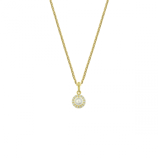 Geelgouden collier met hanger van zirkonia en zoetwaterparel 1,0 mm MAAT 41 + 4 cm - 51310