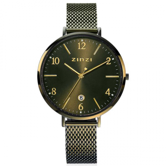 ZINZI horloge SOPHIE olijfgroene wijzerplaat met datum, olijfgroene kast 38mm, stalen mesh band 14mm ZIW1444 - 51802
