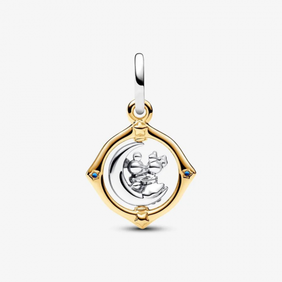 Pandora DisneyMickey en Minnie zilver en 14k vergulde draaiende bedel met echt blauw kristal en glitterblauw ename 762955C01 - 53929