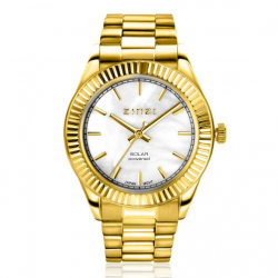 ZINZI Solar horloge met witte parelmoer wijzerplaat, stalen geelgoudkleurige kast 35mm en stalen band met clip-sluiting. Het Japanse uurwerk loopt op zon- en kunstlicht ZIW2134 - 54127