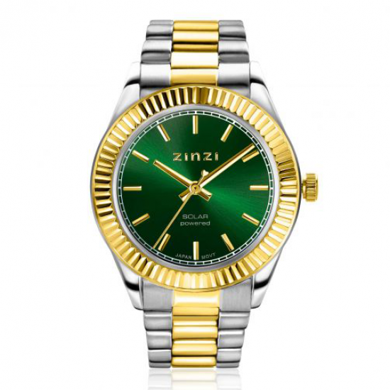 INZI Solaris horloge met groene wijzerplaat, stalen bicolor kast 35mm en stalen bicolor band met clip-sluiting. Het Japanse uurwerk loopt op zon- en kunstlicht ZIW2135 - 54128