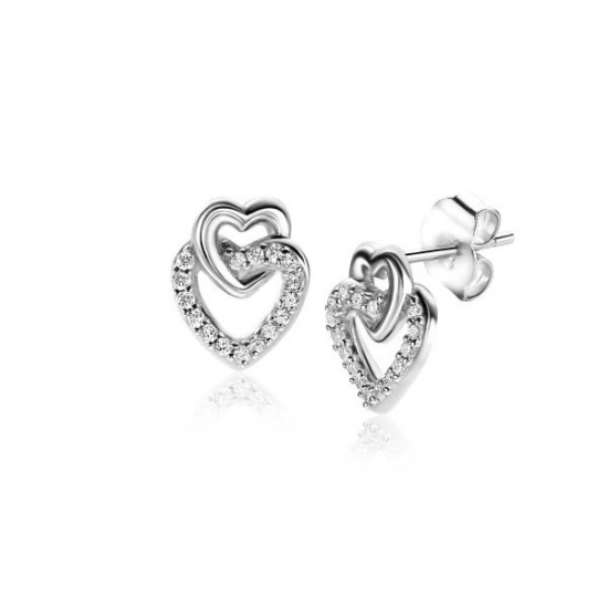 ZINZI zilveren oorknoppen 2 open hartjes met elkaar verbonden, waarvan 1 hartje bezet met witte zirconia's ZIO2493 - 54263