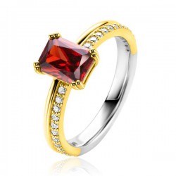 ZINZI gold plated zilveren luxe ring met rechthoekige rood granaat kleursteen in een vierpoots-zetting. De scheen heeft een multilook uitstraling ZIR2392R MAAT 18 - 54262