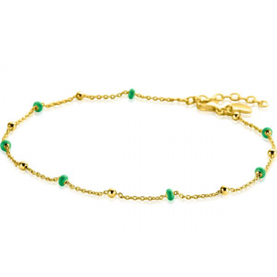 ZINZI gold plated zilveren fantasie enkelband met 7 groene donuts en glanzende bolletjes 23-27cm ZIE2509 - 55191