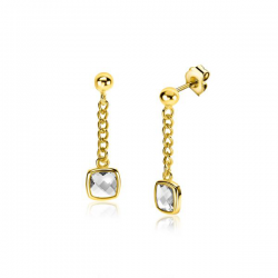 ZINZI gold plated zilveren oorstekers met gourmet kettinkje en vierkante zetting bezet met witte zirconia ZIO2417Y - 55320