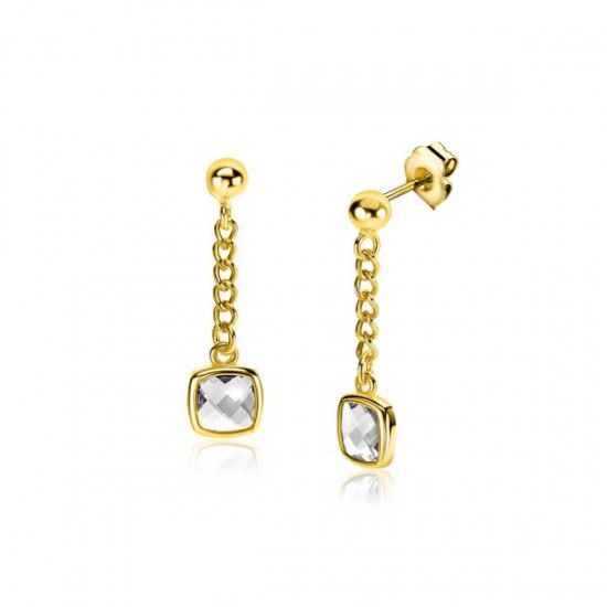 ZINZI gold plated zilveren oorstekers met gourmet kettinkje en vierkante zetting bezet met witte zirconia ZIO2417Y - 55320