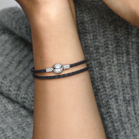 Pandora Moments Dubbel Geweven Zwart Leren Armband MAAT 34cm - 55519