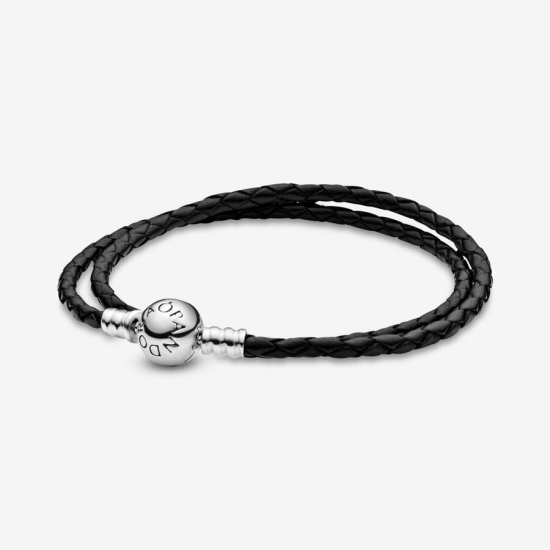 Pandora Moments Dubbel Geweven Zwart Leren Armband MAAT 34cm - 55519
