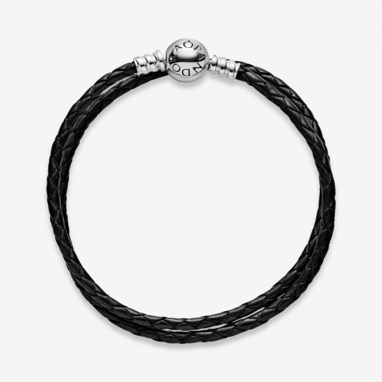 Pandora Moments Dubbel Geweven Zwart Leren Armband MAAT 34cm - 55519