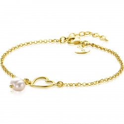 ZINZI gold plated zilveren armband met open hartje en bungelend witte zoetwaterparel 16-19cm ZIA2642 - 55607