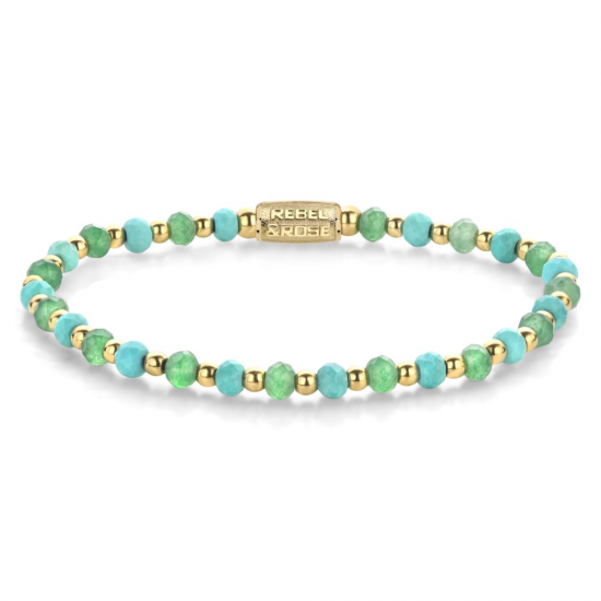 Rebel & Rose Armband Blue Green Adventure - 18 ct yellow gold ionplated Vrouw Armband Kralen Blauw Goud 4mm - 55636