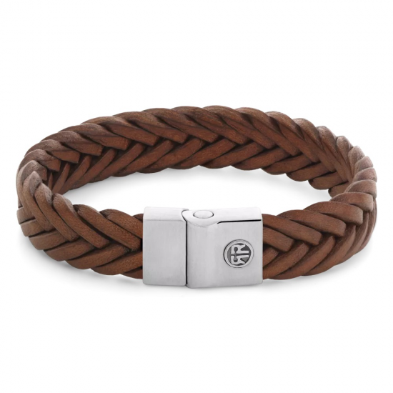 Rebel and Rose Full Metal Premium Braided 12mm Cognac Man Armband Leer+Staal Bruin - 55841