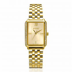 ZINZI Lucia horloge 28mm rechthoekige kast, bezet met witte zirkonia&#39;s en goudkleurige wijzerplaat, stalen schakelband - 56141