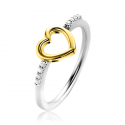 ZINZI zilveren ring met gold plated open hartje 8mm en witte zirconia's ZIR2566 MAAT 17 - 56362