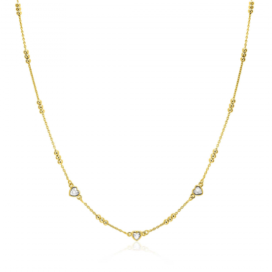 ZINZI gold plated zilveren schakelketting met trio-bolletjes en drie hartvormige witte zirkonia's 40-45cm ZIC2679 - 56377