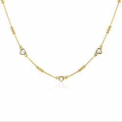 ZINZI gold plated zilveren schakelketting met trio-bolletjes en drie hartvormige witte zirkonia's 40-45cm ZIC2679 - 56377