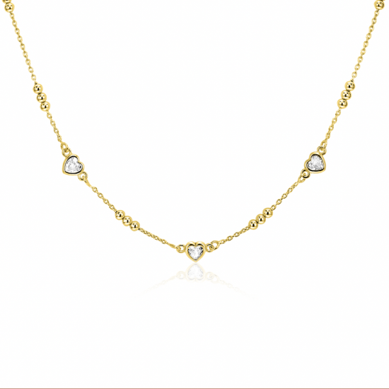 ZINZI gold plated zilveren schakelketting met trio-bolletjes en drie hartvormige witte zirkonia's 40-45cm ZIC2679 - 56377