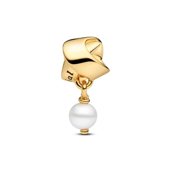 Pandora Iemand speciaal 14k vergulde hanger met witte behandelde zoetwaterparel en zwart emaille bedel 763784C01 - 56841