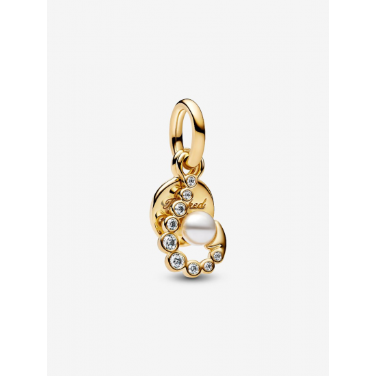 Pandora Hook 14k goldplated double dangle with white lacquered  artificial pearl and clear cubic  zirconia bedel 763891C01 - 57095