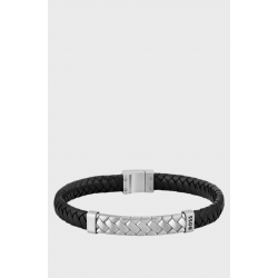 BOSS  Armband Manchet van zwart gevlochten leer met hardware met visgraatpatroon - 57234