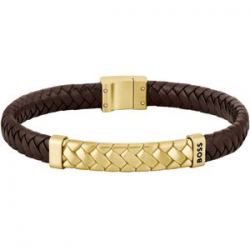 BOSS  Armband Manchet van bruin gevlochten leer met hardware met visgraatpatroon - 57235