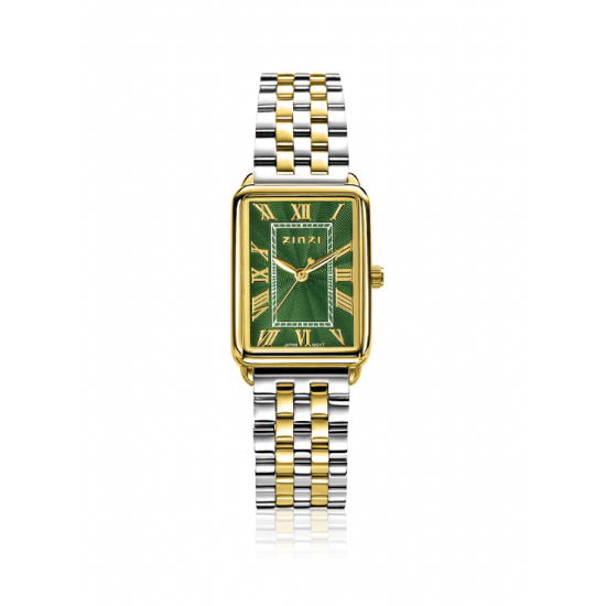 ZINZI Elegance horloge groene wijzerplaat en rechthoekige kast stalen bicolor schakelband 28mm extra dun ZIW1935 - 57375
