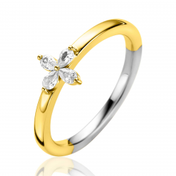 ZINZI gold plated zilveren ring met bloem (7,5mm), bezet met vier druppelvormige witte zirconia's ZIR2624 - 57998