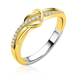 ZINZI gold plated zilveren cross-over ring met een opengewerkt sierlijk hart waarbij een rij witte zirkoniaƒ?Ts vloeiend door de scheen en hart loopt ZIR2874Y - 58976