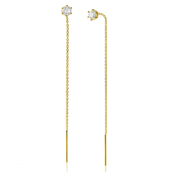 80mm ZINZI gold plated zilveren doortrek oorbellen met chatonzetting 5mm witte zirconia en sierlijk kettinkje ZIO2576Y - 59443
