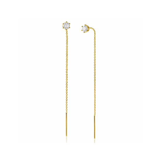 80mm ZINZI gold plated zilveren doortrek oorbellen met chatonzetting 5mm witte zirconia en sierlijk kettinkje ZIO2576Y - 59443