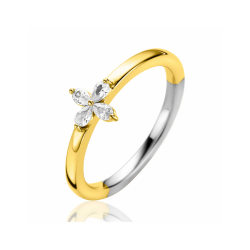 ZINZI gold plated zilveren ring met bloem (7,5mm), bezet met vier druppelvormige witte zirconia's ZIR2624 - 57998